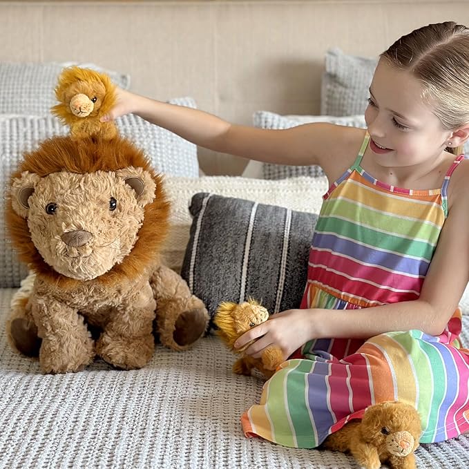4Pcs Lion Plush Toy, 17.7" Mother Lion Stuffed Animal with 3 Cute Baby Lions, Wild Animal Stuffed Toy for Kids Boys Girls, Safari Animal Plushies Gift for Christmas Birthday Baby Shower