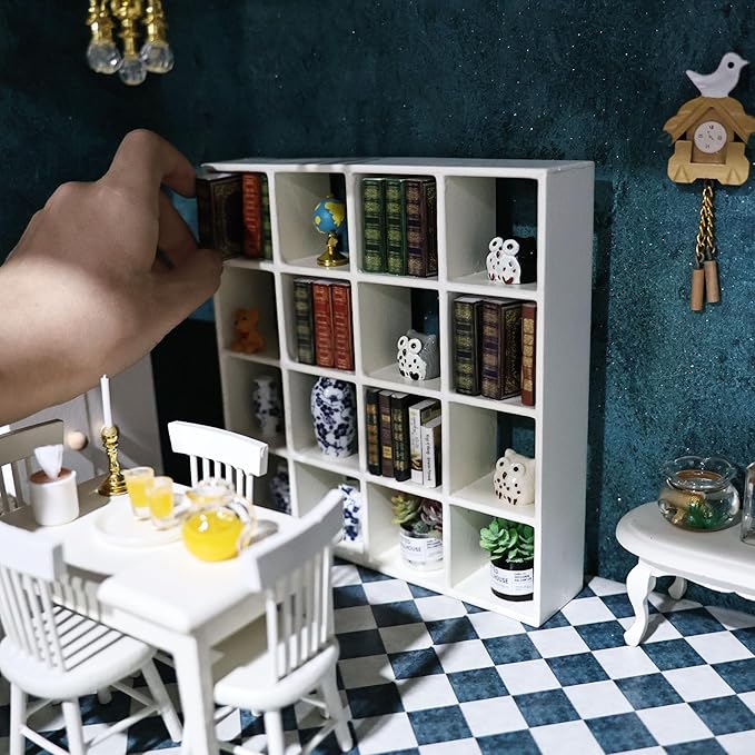 Miniature Furniture Storage Rack 1/12 Dollhouse Furniture 16 Grid Shelf Bookshelf Display Shelf Wall Rack Stand Mini House Scene Decoration (Beige)