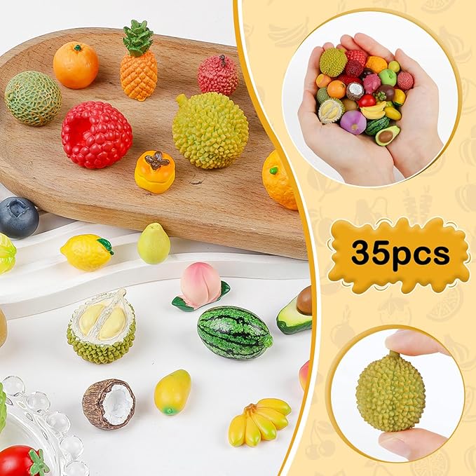 35 PCS Mini Resin Artificial Fruits Miniature Fruits Realistic Mini Fruit Fake Strawberry Lemon Banana for DIY Craft House Kitchen Garden Cake Party Store Display Decoration