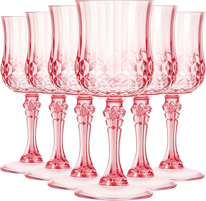 Pinkunn 6 Pcs 7 oz Plastic Vintage Wine Glasses Reusable Colored Goblets Patterned Drinking Water Glasses Cup Dishwasher Safe for Valentine's Day Wedding Reception Party Supplies (Pink)