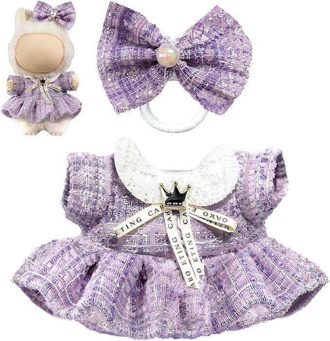 Clothes for LABUBU Doll (NO Doll), Luxury Chic Style 2-Piece Accessories for LABUBU 17cm Dolls, Premium Fashion Outfits for LABUBU - Bow Headdress + Plaid Tweed Dress (Purple)
