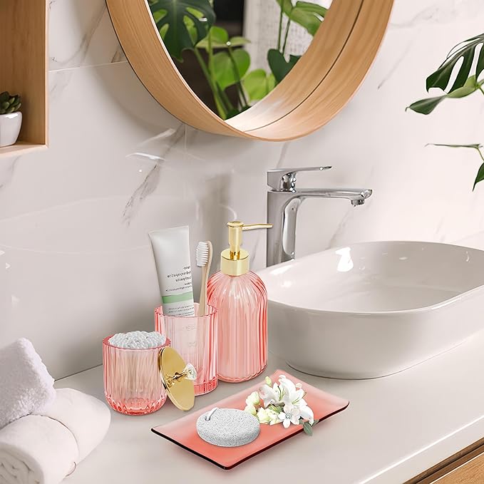 Pink Bathroom Accessories Set, 4Pcs Glass Bathroom Decor Complete with Lotion Soap Dispensers, Toothbrush Holder, Cotton Swab Jars, Vanity Tray, Cute Bathroom Essentials Gift for Girls