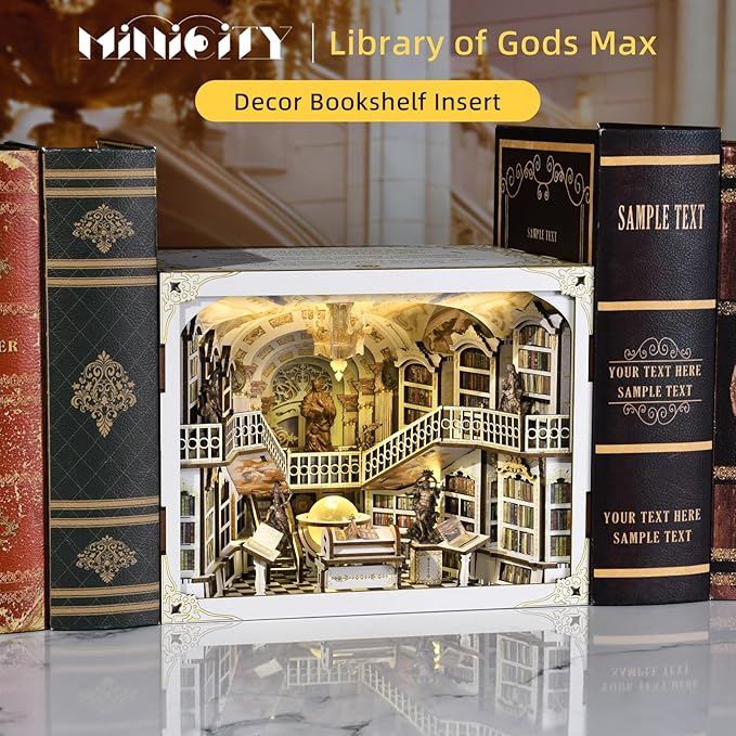 MiniCity Book Nook Kit, DIY DIY Miniature Dollhouse for Adults, Beyond Library 3D Wooden Puzzle Bookend Bookshelf Insert Decor with LED Light Gifts for Book Lovers (Library of Gods Max)