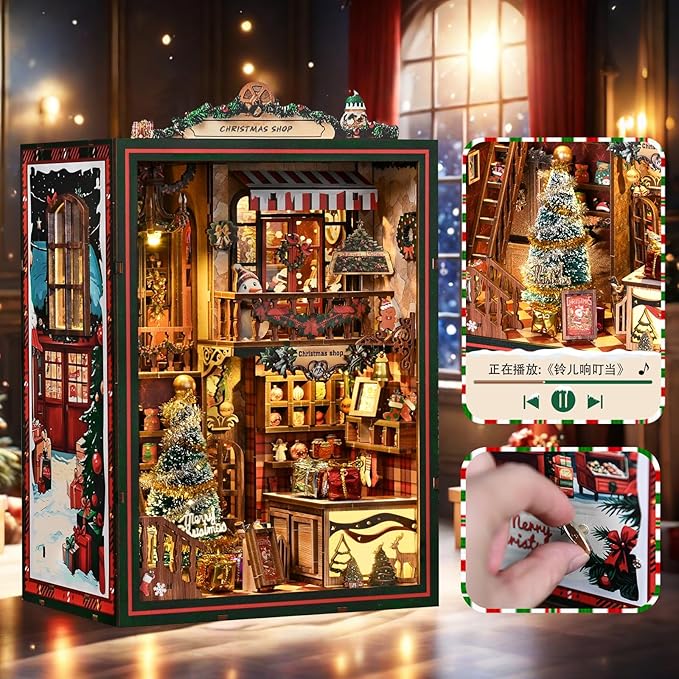 DIY Christmas Store Book Nook Kit, Miniature House with LED Light, 264pcs Wooden 3D Puzzles for Adults Teens, Bookshelf Decor Scale Model, Cultural Handmade Gift for Christmas & Book Lovers