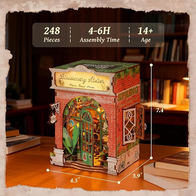 3D Wooden Puzzle Miniature Dollhouse Kit – Flower Workshop Miniature Model with LED Lights – Home Decor DIY Creative Gifts for Adults and Teens (Blossomary Atelier)