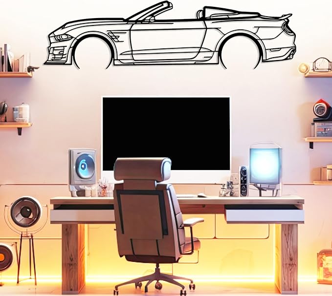 DecoSoul Mustang Metal Car Wall Art, Sports Car, Automotive Silhouette Line Decoration, Minimalist Sculpture for Garage, Indoor Outdoor Wall Hanging, Gift for Boyfriend (Black - 40 x 11” inch)