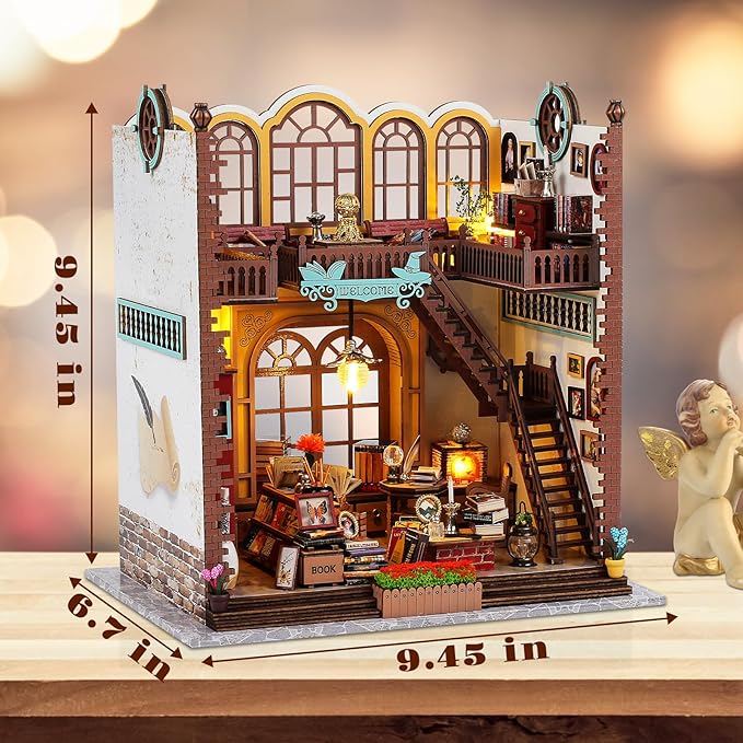 Quanquer Miniature House Kit: Magic Book Store Book Nook with Furniture and LED Light - DIY Kits for Adults - Wooden Doll House - Great Handmade Craft Model - Tiny House Decor Ideal Gifts