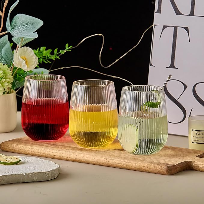 Lueumxc 36 Pack Plastic Ribbed Wine Glasses, 15Oz Origami Disposable Wine Glasses Unbreakable Clear Plastic Cocktail Glasses Recyclable Shatterproof Reusable Wine Cups