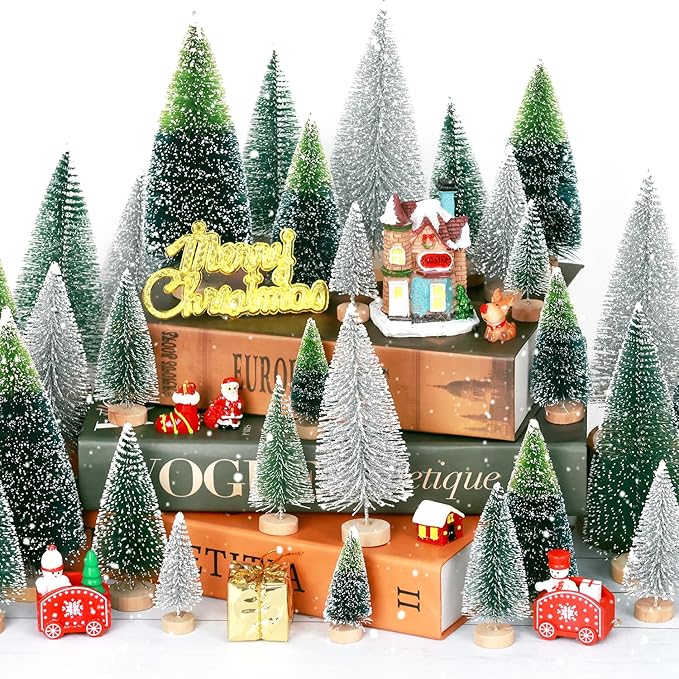 30Pcs Mini Christmas Tree Decor, Artificial Christmas Tree 5 Sizes,Mini Sisal Snow Frost Trees with Wooden Base for Christmas Decor Christmas Party Home Table Craft Decorations (B/Green/Silver)