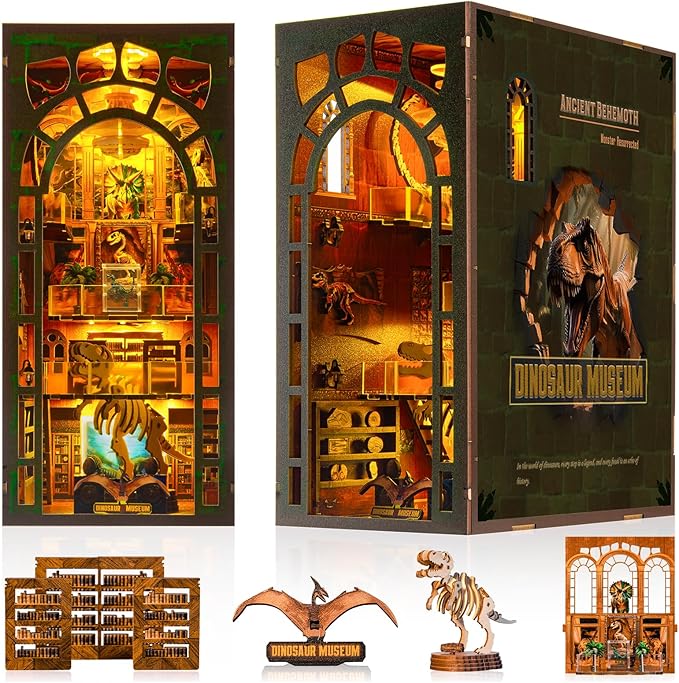 Book Nook Kit – DIY Wooden Miniature House Kits, Stunning Bookshelf Insert Decor, Ideal Gift for Holidays, Birthdays（Dinosaur Museum）