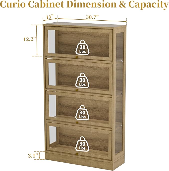 Display Cabinet with Acrylic Glass Doors,4-Tiers Curio Cabinet with LED Lighting for Collectibles, Collectibles Toy Organizers Rack & Display Shelf Display Case Storage Cabinet, Nature