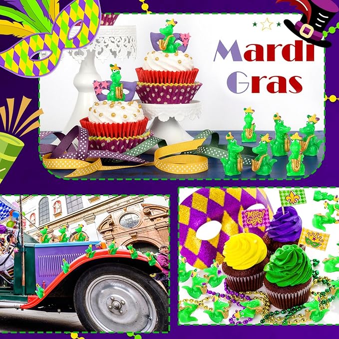 50 Packs Small Mardi Gras Alligators for Parade Mardi Gras Themed Figurines -Resin Tiny Alligators with Clown Crown Carnival Parade Supplies for Novelty Gifts Party Favor Handout Toys