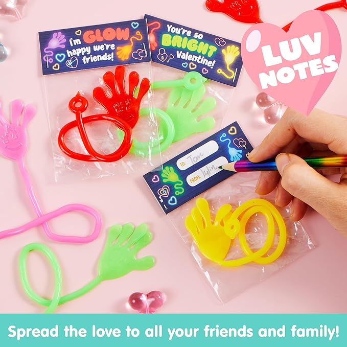 JOYIN 36 Packs Valentine Day Glow Sticky Hands with Card Headers for Kids Party Favor, Classroom Exchange Prizes, Valentine’s Day Greeting Cards, Party Favors and Exchange Gifts