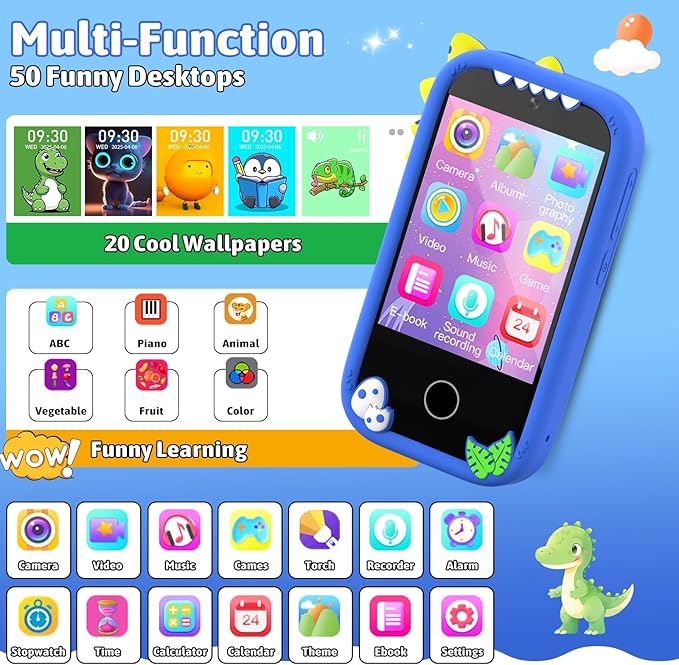 BEBESIRI Kids Camera Mini Smartphone Toy for Girls, 2.8" Touch Screen, 22 Learning Games, Dual Camera, Music Player, 32GB Card | Educational Gift for Christmas & Birthday (Sky Blue)