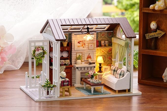 DIY Miniature Dollhouse Kits - Wooden Mini Model House with LED Lights, Tiny Furniture & Accessories – Craft Building Kits for Adults – Birthday Christmas Valentine's Gift- Happy Time