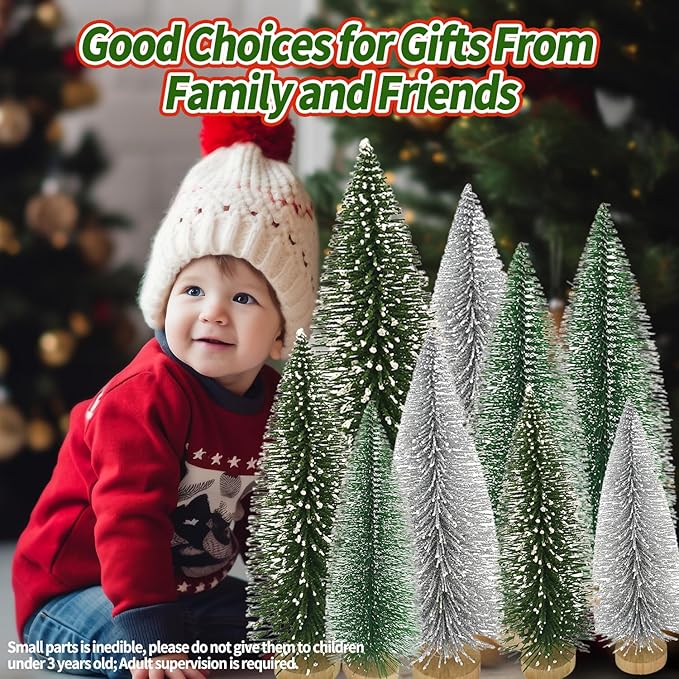 Yahpetes Christmas Trees 9 Pcs Artificial Bottle Brush Tabletop Trees Christmas Table Decorations for Xmas Holiday Party Decor (Silver,Green,Dark Green 9Pcs)