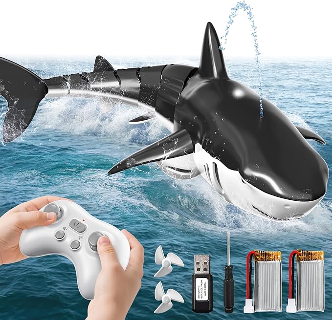 2.4GHz Remote Control Shark Toys for Boys,1:18 Scale High Simulation Shark Toys with Light & Spray, RC Sharks for Pools & Lakes, Toy Shark Boat Gift for 4 5 6 7 8 9 Year Old Kids Boys Girls