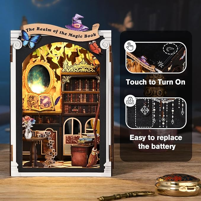 KERNOWO Book Nook Kit, DIY 3D Wooden Puzzles for Adults, Teens and Beginners, Miniature Tiny House Kit for Bookshelf Decor, Bookish Gift for Family, Friends, Book Lovers (Magic Book)