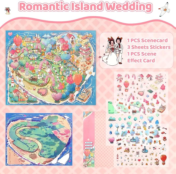 DIY 3D House Stickers Large Size, 14.2X 10 inch Miniature Scene Stickers for Teens Adults Cute Make Own House, Sticker Scene Rooms Book Romantic Undersea Wedding for Relief Stress Pass The Time