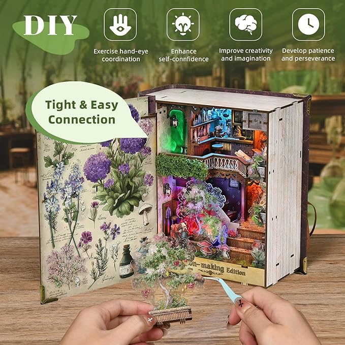 Book Nook Kit - DIY Magic Book Miniature Dollhouse Booknook Bookshelf Decor 3D Wooden Puzzle, Gifts for Family, Friends (Potion-Making Edition)