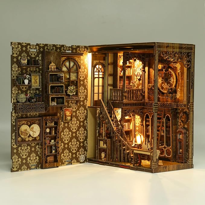 Book Nook Kit - DIY Miniature Dolls House Kit with Furniture and LED Light, 3D Puzzle Wooden Art Bookends, Model Kits for for Adults and Teens (Ancient Books)