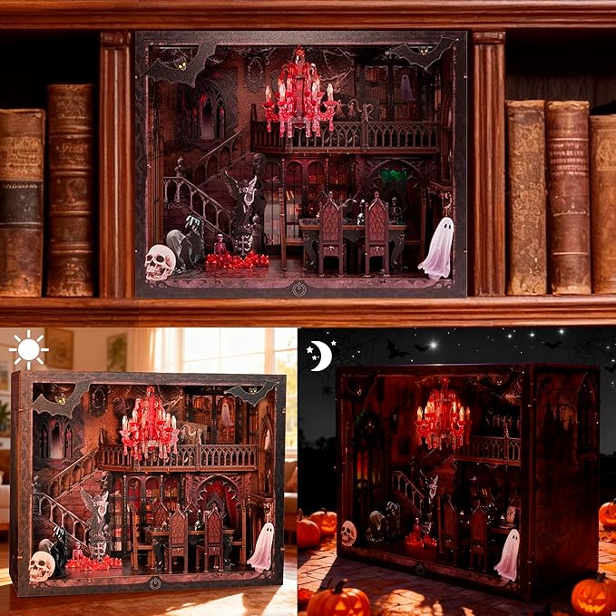 DIY Miniature House,LED Lighting Book Nook Kit Dollhouse Kit for Adult and Teens, Tiny House Bookshelf Decor 3D Wooden Puzzle with Duty Cover, Gifts for Family, Friends,Christmas(Dark Cabin)