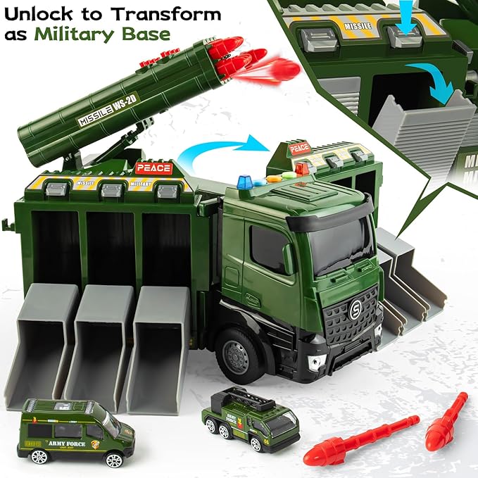 Army Toy for Boys 3-6, Military Truck with 8 Missiles, 6 Mini Die-cast Battle Toy in Carrier Truck with Lights and Sounds, Gifts for Toddler Kids Boys Age 3+