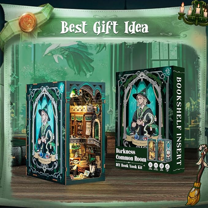 CUTEBEE Book Nook Kit - DIY Miniature House Magic Dollhouse Kit for Adults, Booknook Tiny House Bookshelf Decor 3D Wooden Puzzle, Gifts for Family, Friends (Darkness Common Room)
