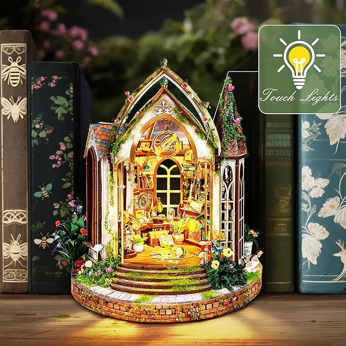 Book Nook Kit for Adults and Teens, DIY Miniature House Kit with Led Light, 3D Wooden Puzzles for Adults, Wood Gifts for Family and Friends(European Garden Model)