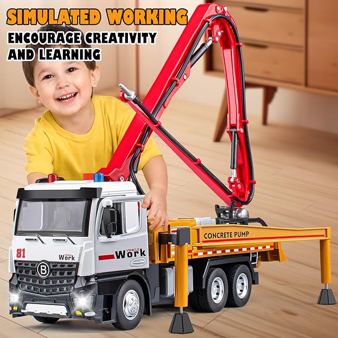 Concrete Pump Truck Toy Metal Cab, Diecast Construction Trucks with Working Water Pump, Lights and Sounds, Construction Vehicles Toys for 3 4 5 6 Years Old Boys Kids, 12.8"