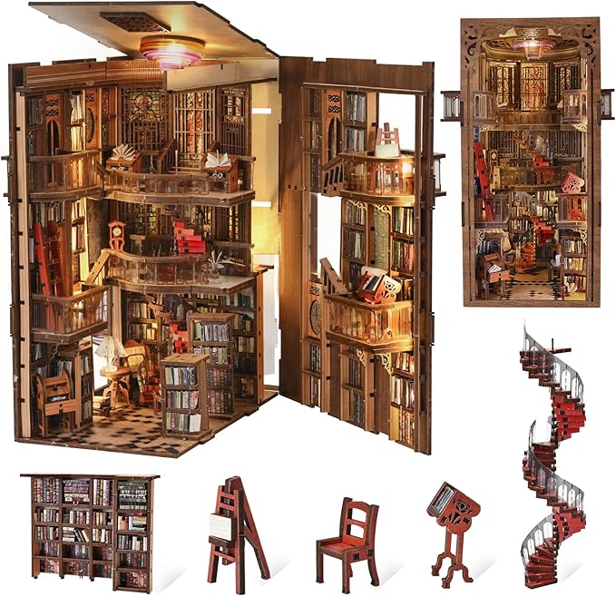 Book Nook Library Kit, DIY Miniature Dollhouse Booknook Kit, 3D Wooden Puzzle Bookend Bookshelf with LED Light for Adults Teens (Abbey Library)