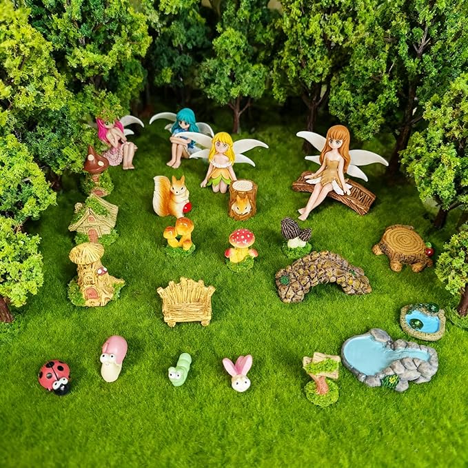 Toosunny 26Pcs Fairy Garden Miniatures Set Resin Mini Landscape Decorations with Bridge Pond House Plant Animals Figures for DIY Terrarium Dollhouse Desk Plant Decor