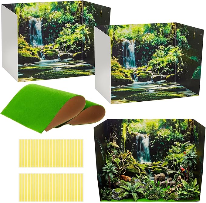 AmazingSpark 2 Set Rainforest Style Diorama Box and Fake Grass Decor, Rainforest Diorama Project Supplies Set, Cardboard Display Case Kit & Artificial Grass with Double Sided Tapes for DIY Crafts