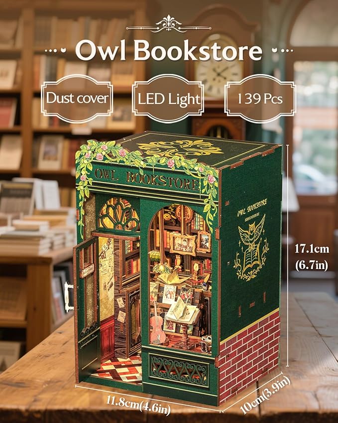 CUTEBEE Book Nook Kit, DIY Miniature House Kits for Adult and Teens, Bookend Diorama with LED, 3D Wooden Puzzle, Mini Booknook Bookshelf Insert Decor, Crafts Hobbies Gifts for Adults（Owl Bookstore
