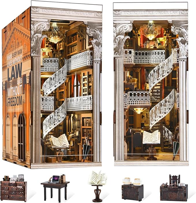 Book Nook Kit, DIY Miniature Dollhouse Booknook Kit with Led Light and Dust Cover (Law Library)