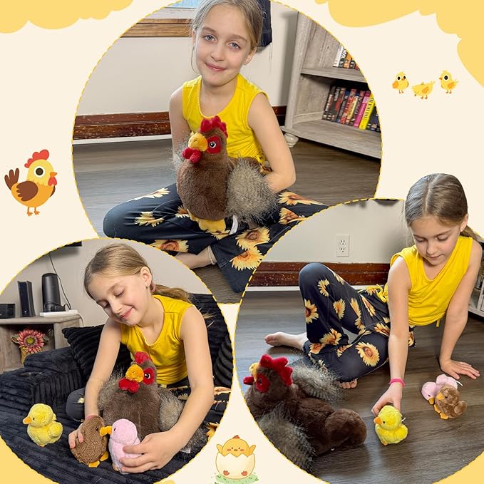 4 Pcs Chicken Plush Set, Mom Hen Stuffed Animal with 3 Stuffed Wind Up Chicks Toy in Mother Chicken's Belly, Christmas Birthday Gift for Kids Girls Boys, Animal Theme Party Decor