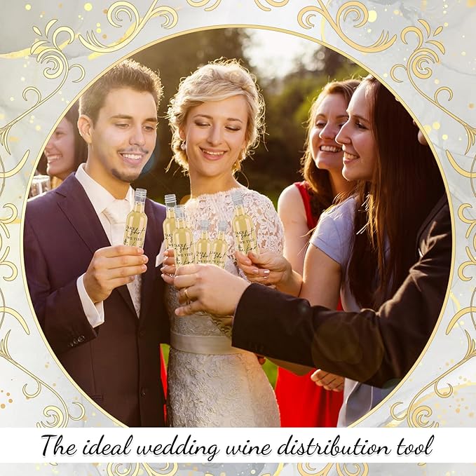 Bokon 100 Pcs Mini Wedding Liquor Bottles Take a Shot We Tied The Knot Shot Glasses for Guests 1.7 Fl Oz/ 50 ml Plastic Reusable Empty Bottle with Cap Funnel Acrylic Mini Glasses for Bridal (Gold)