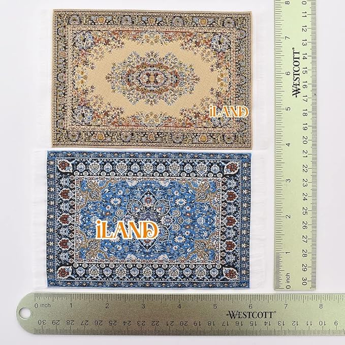 iLAND Miniature Dollhouse Accessories Vintage of Carpet for Dollhouse Furniture on 1/12 Scale and 3” - 12” Dolls, Woven Dollhouse Rugs 6” x 3.8”(2pcs Brilliance)