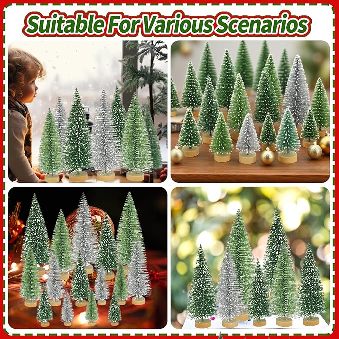 Yahpetes Christmas Tree 15 Pcs Sisal Trees Artificial Xmas Trees 3 Colors Bottle Brush Trees Miniature Pine Trees with Wooden Base for Christmas Holiday Decorations (Silver,Green,Dark Green 15Pcs)