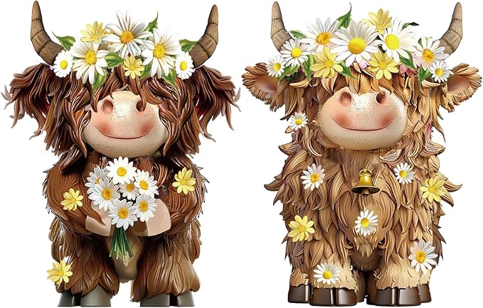 Burbell 2 Pcs Highland Cow Figurines Daisy Flower Highland Cow Gnomes Decor Resin Statue Calf Lovers Gifts for Farmhouse Home Garden Kitchen Office Tiered Tray Table Decor