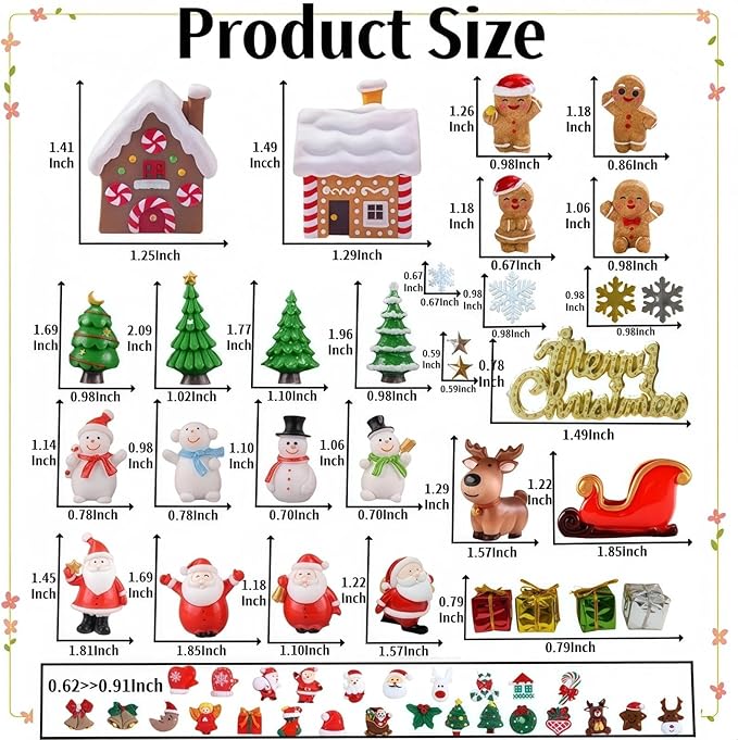 111PCS Mini Christmas Figurines Set, Hand-Painted Resin Miniatures for Crafts, Snow Globe Filler & Christmas Village Accessories, Santa Claus & Snowman Figurines, Trees, Stars, Gingerbread