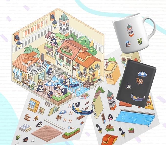 DIY 3D House Scene Stickers, 4 Set Cartoon Cute Penguin in Paris Venice Egypt Italy Relaxing Stickers, Fun Miniature Room Stickers for Adults, Kids, Relief Stress, Pass The Time