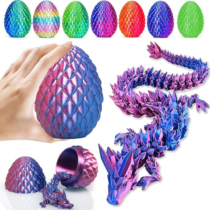 3D Printed Dragon with Dragon Egg,12inch Flexible Dragon Toy with Articulated Dragon Inside Fidget Toys for Autism/ADHD Easter Toys Gifts(PurpleBlue)