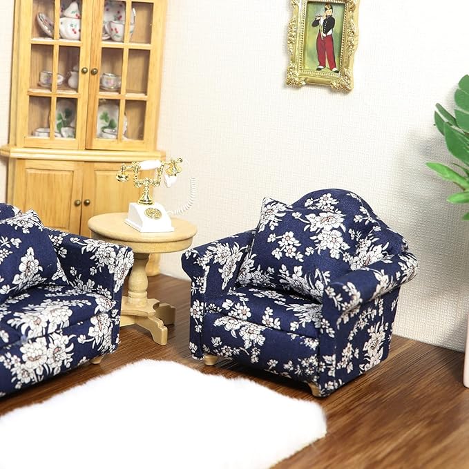 Dollhouse Couch with Pillow 1 12 Scale Miniature Sofa Arm Chair Living Room Furniture Wooden Fabric Frame Single Reading Chair Artificial House Room Scene Decoration (Blue)