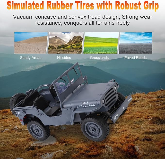 RC Crawlers, 1:10 Scale D888 Willys Military Jeep, 2.4Ghz 4WD Off Road Rock Crawler with Lights, Removable Accessories All Terrain RC Jeep Toy for Adult Teens-Upgradable (2 Batteries)