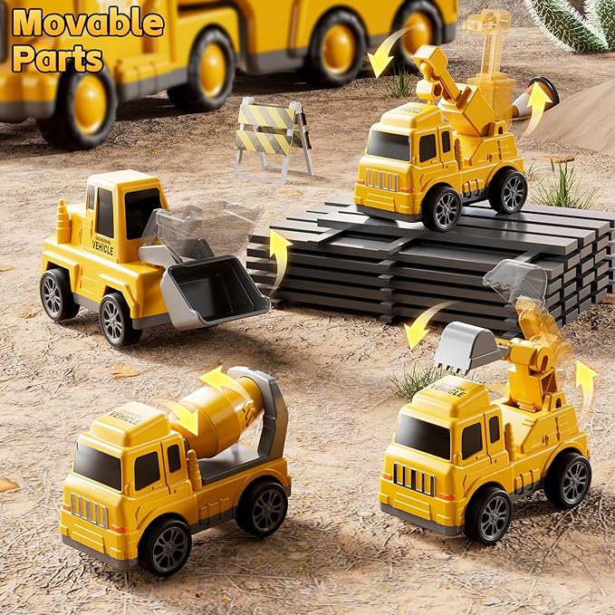 Construction Trucks Toys for 2 3 4 5 Years Old Boys - 5-in-1 Carrier Transport Vehicle Truck for Toddlers 2-4 Years with Crane, Mixer, Pushdozer and Excavator, Car Toys Birthdays Gift