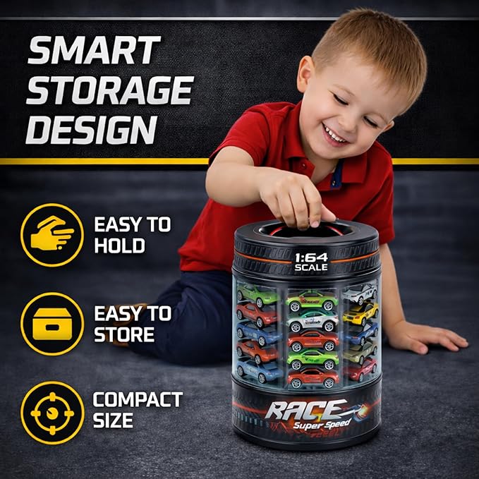 25 Piece Diecast Cars Pack Toy Playset in Storage Carrying Tub - 1:64 Scale Metal Alloy Die-cast Vehicles Collection for Kids