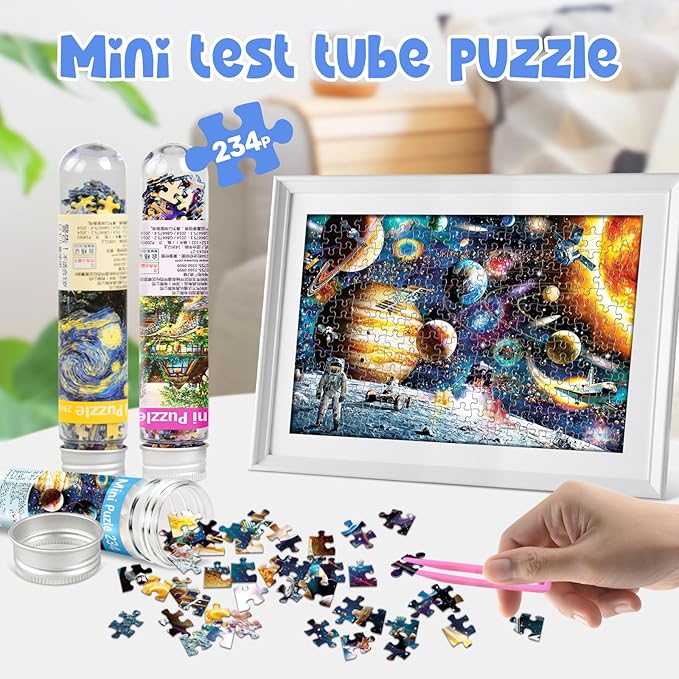 234-Piece Mini Puzzles for Adults & Kids, 6" x 4" Small Puzzles - 3 Pack Starry Night Astronaut Dusk Village Theo Klein Capsule Tube