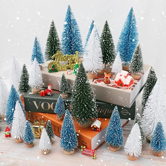 30Pcs Mini Christmas Tree Decor, Artificial Christmas Tree 5 Sizes,Mini Sisal Snow Frost Trees with Wooden Base for Christmas Decor Christmas Party Home Table Craft Decorations (Green/Blue)