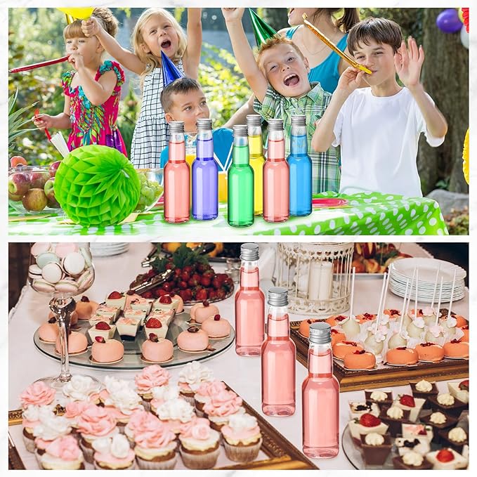 120 Pcs Mini Liquor Bottles Airtight Shot Miniature Empty Plastic Alcohol Spirit Shot Bottles with Funnels for Party Favors, Weddings(3.3 oz,Silver)